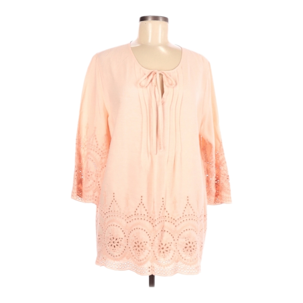 Rose & Rhyme Linen Embroidered‎ Eyelet Tunic Shirt Size L Boho Tie Neck Peach